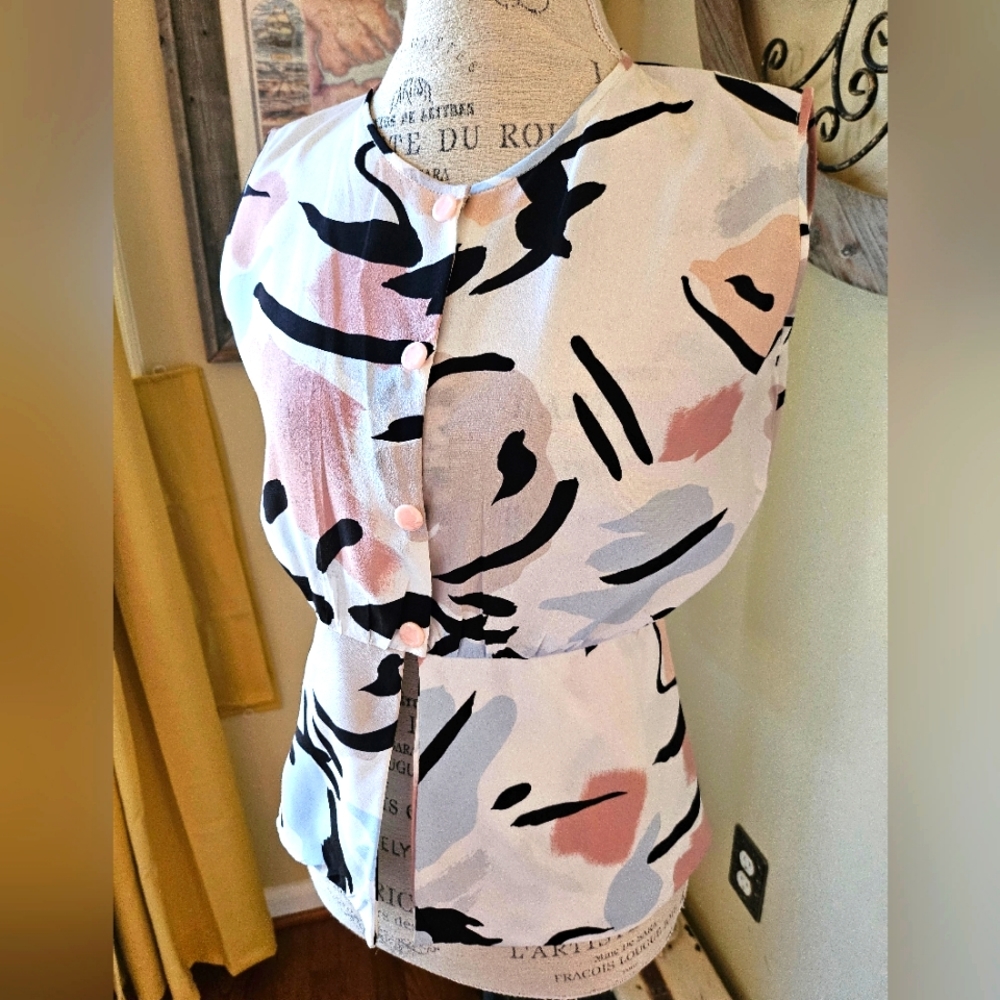 Vtg 90s sample top blouse defined waist defined split bottom abstract camo